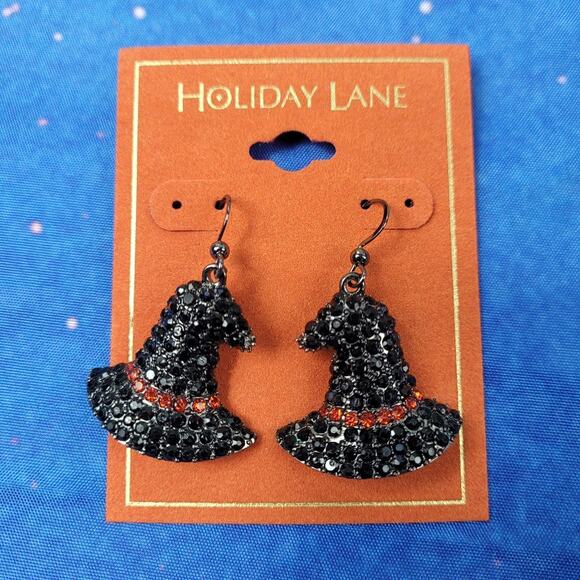 Hematite-Tone Crystal Witch Hat Drop Earrings - Picture 1 of 4